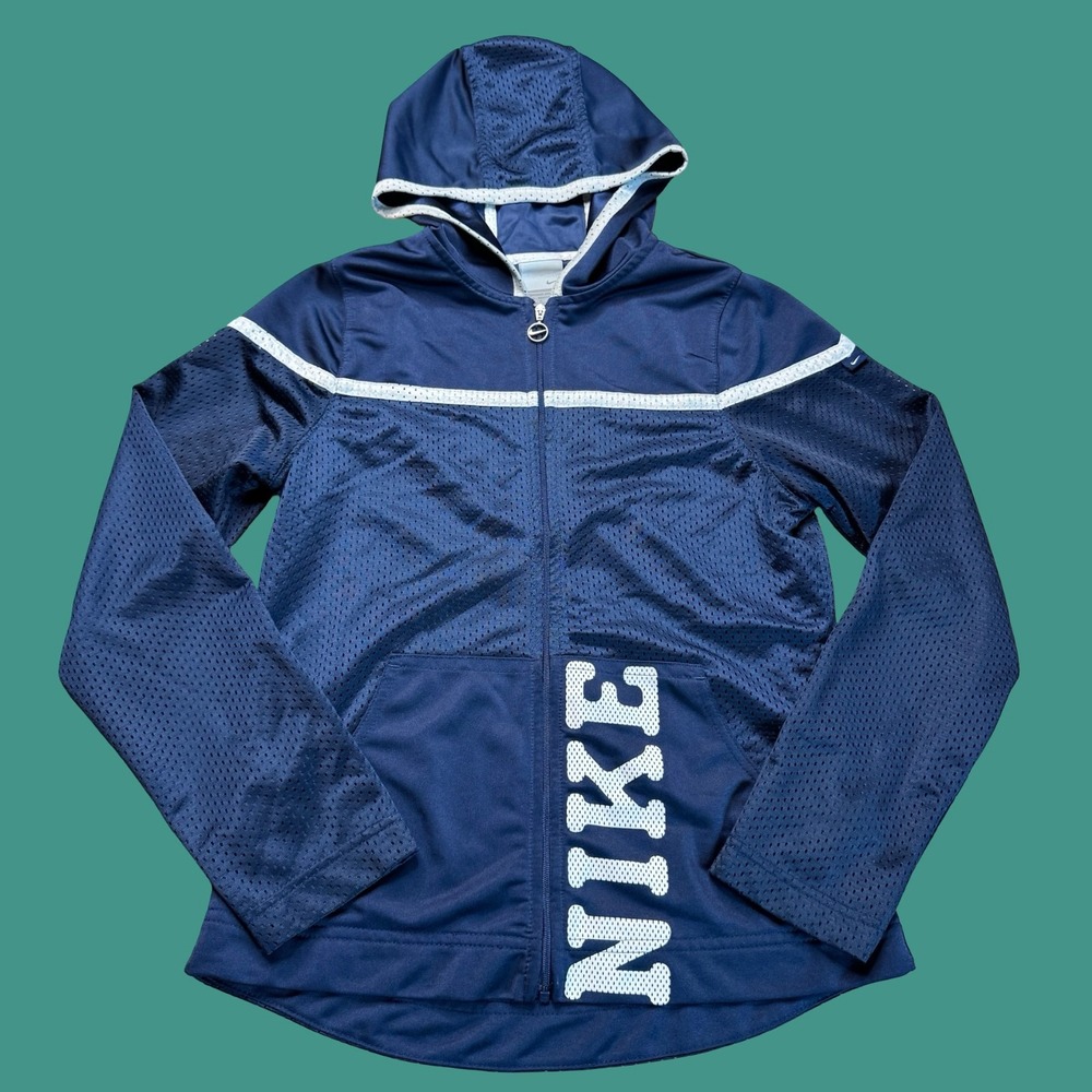 Nike Hoodie Youth 14 Womens Navy Blue Full Zip Mesh Just Do It Athletic Y2K